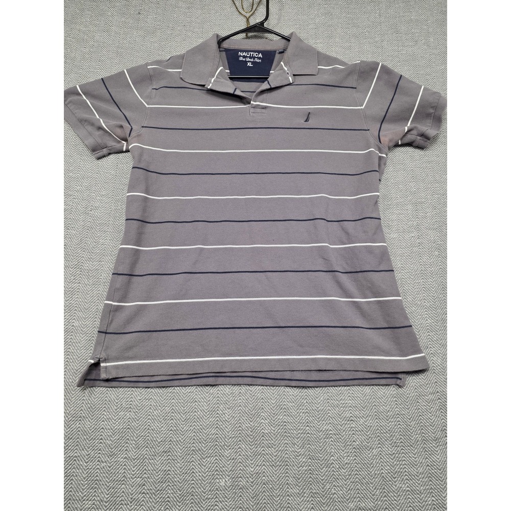 Nautica True Deck Shirt Mens XL Gray Striped Short Sleeve Cotton Polo Shirt